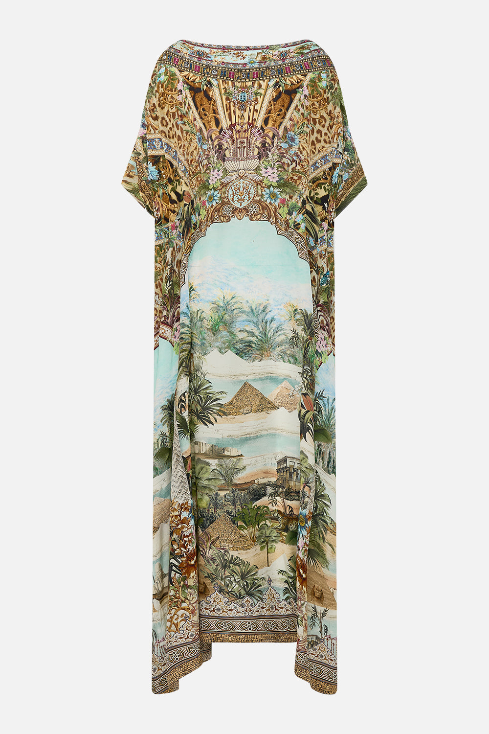 CAMILLA Round Neck Kaftan in Views of the Valley Print.