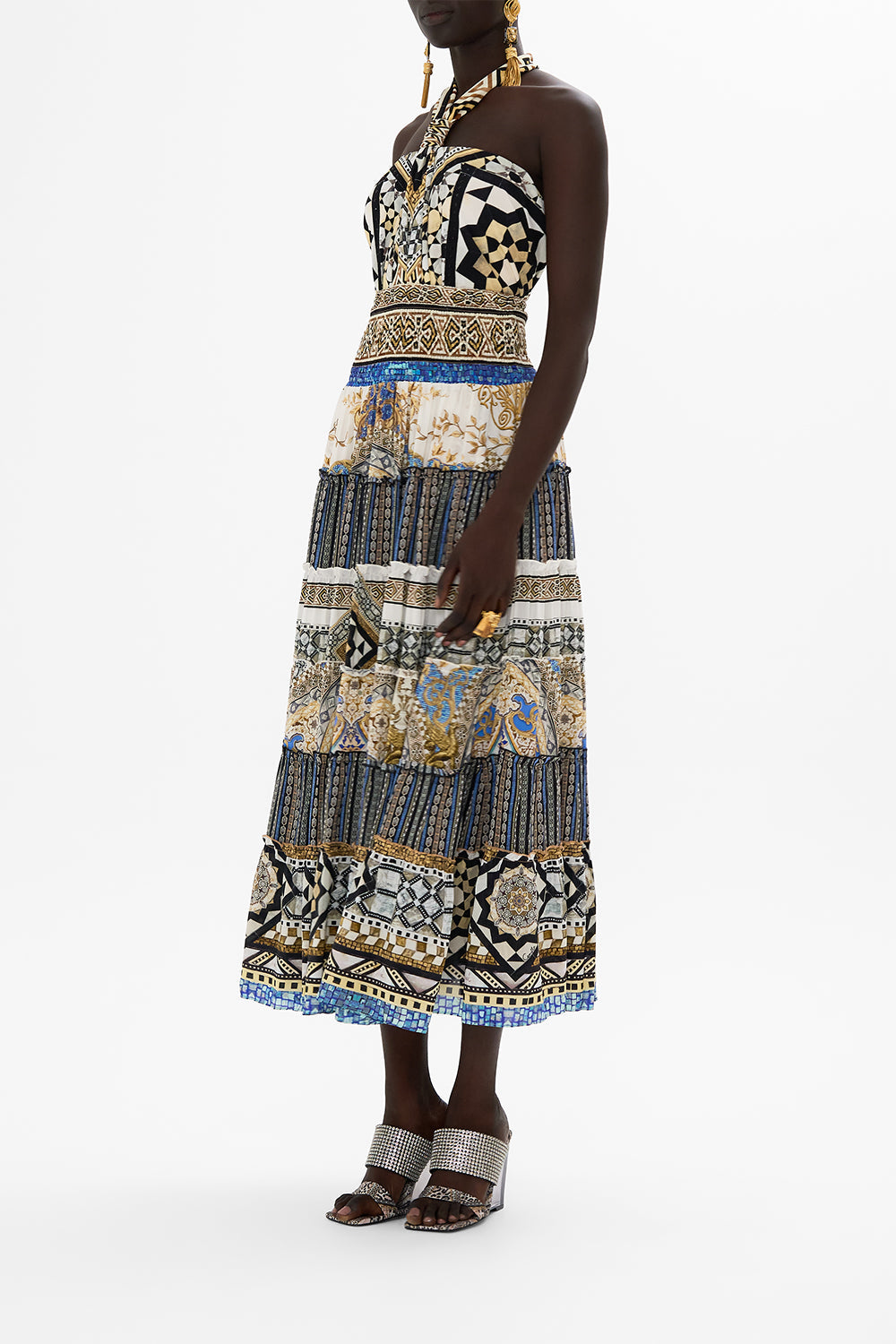 CAMILLA Draped Jersey Halter Top in Make Me Your Mosaic Print