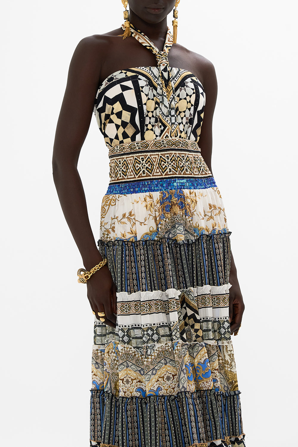CAMILLA Draped Jersey Halter Top in Make Me Your Mosaic Print