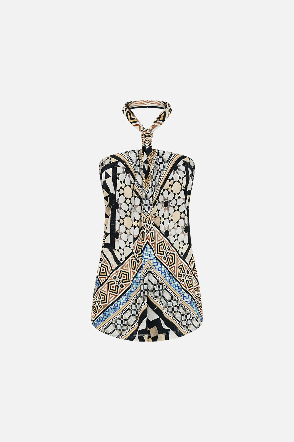 CAMILLA Draped Jersey Halter Top in Make Me Your Mosaic Print