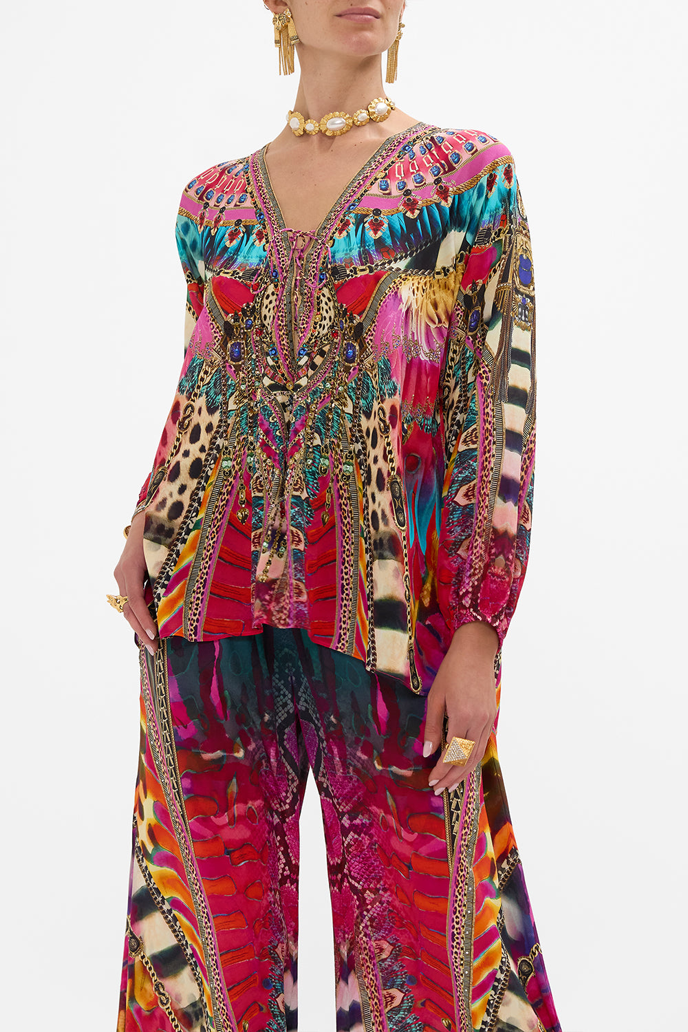 CAMILLA Lace Up Blouse in Sahara Supernatural print.