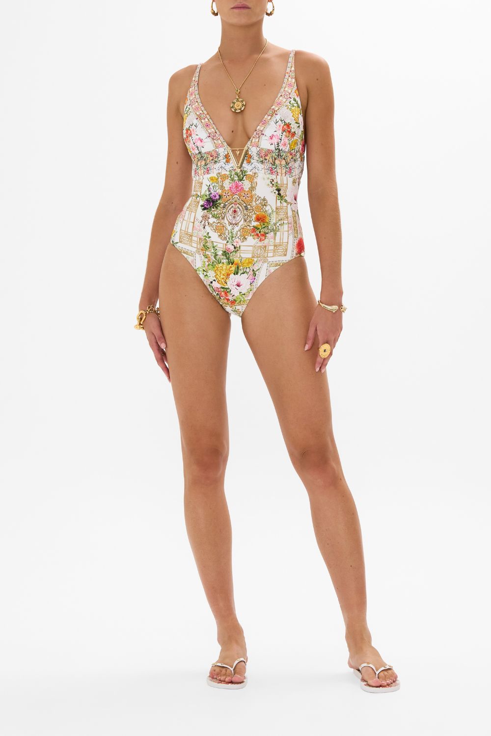 CAMILLA High tri one piece with front trim in Egyptian rose print.
