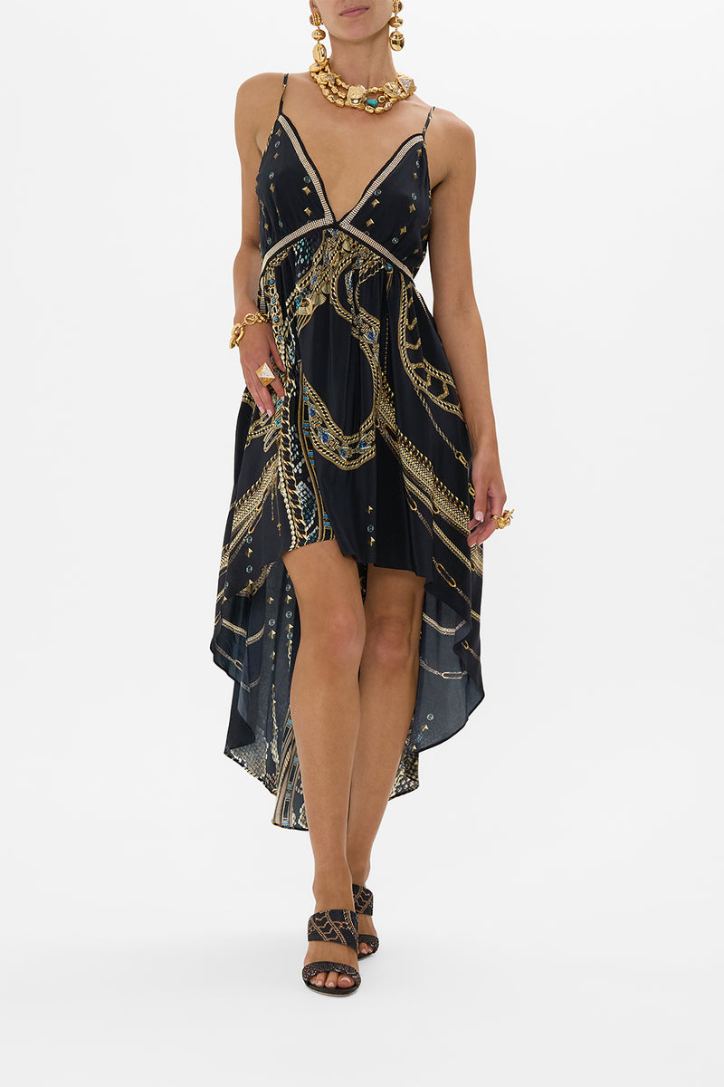 LOW BACK LONG DRESS WITH NECK HARDWARE CALL ME CLEOPATRA