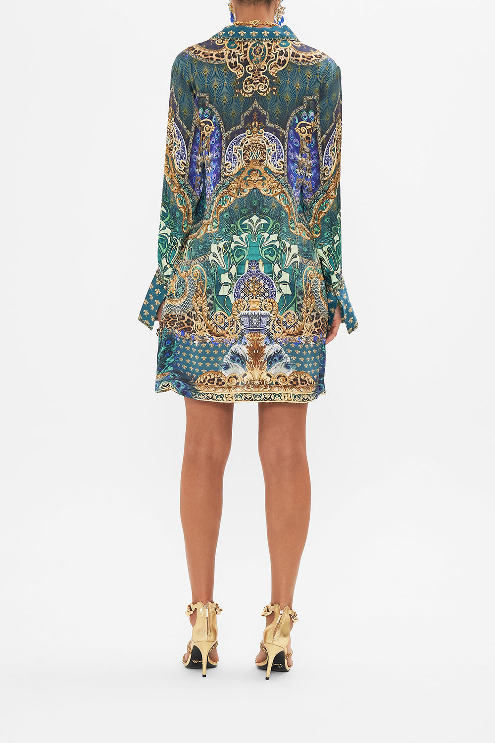 Back view of model wearing CAMILLA silk mini shirt dress in Fan Dance print