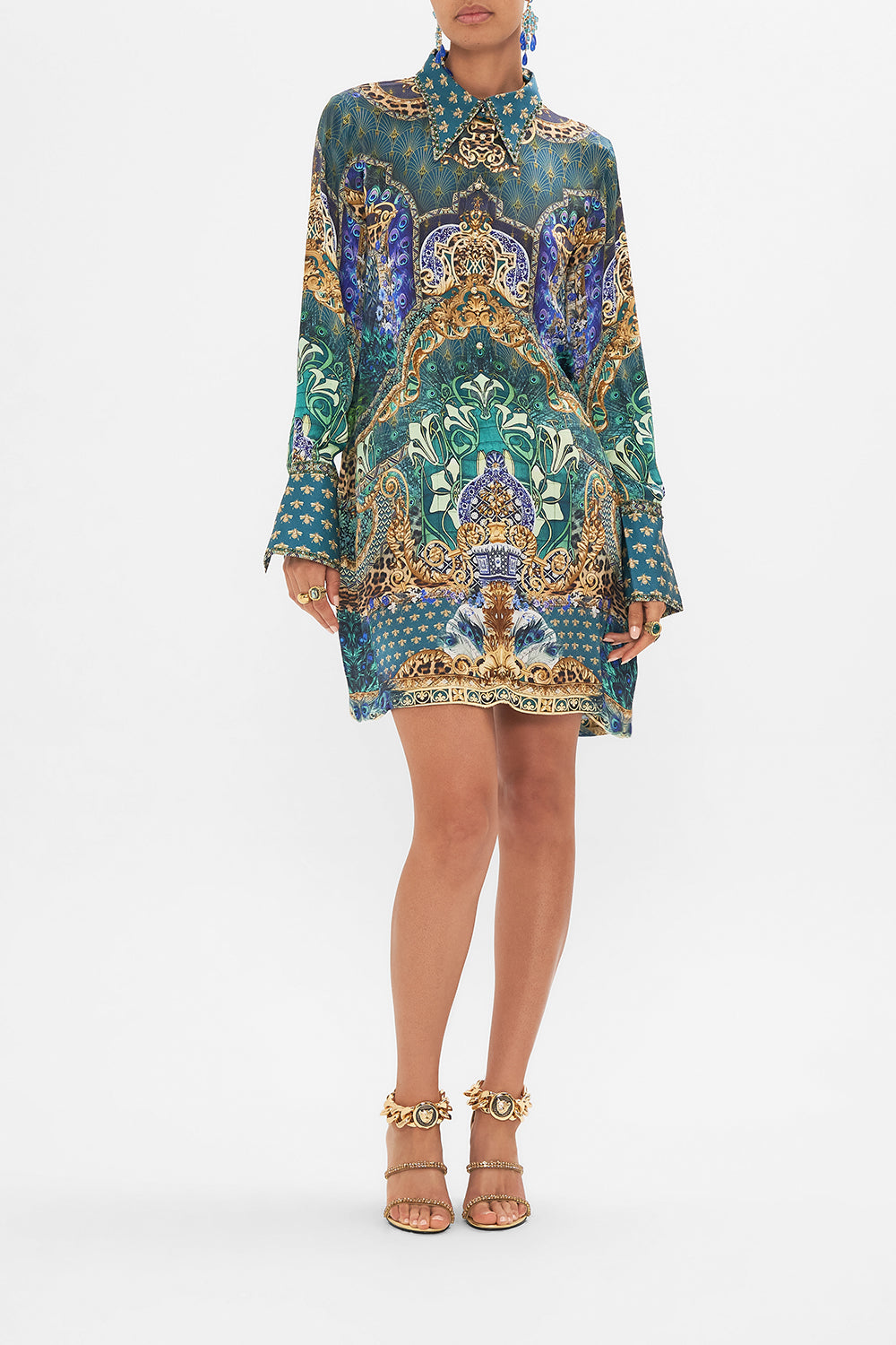 Detail view of model wearing CAMILLA silk mini shirt dress in Fan Dance print