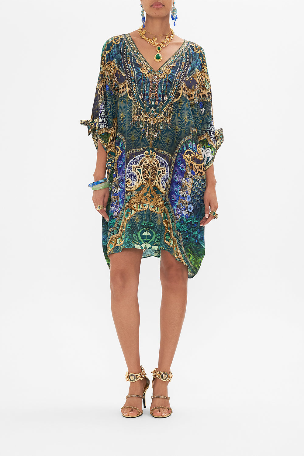 Front view of model wearing CAMILLA short silk kaftan in Fan Dance print