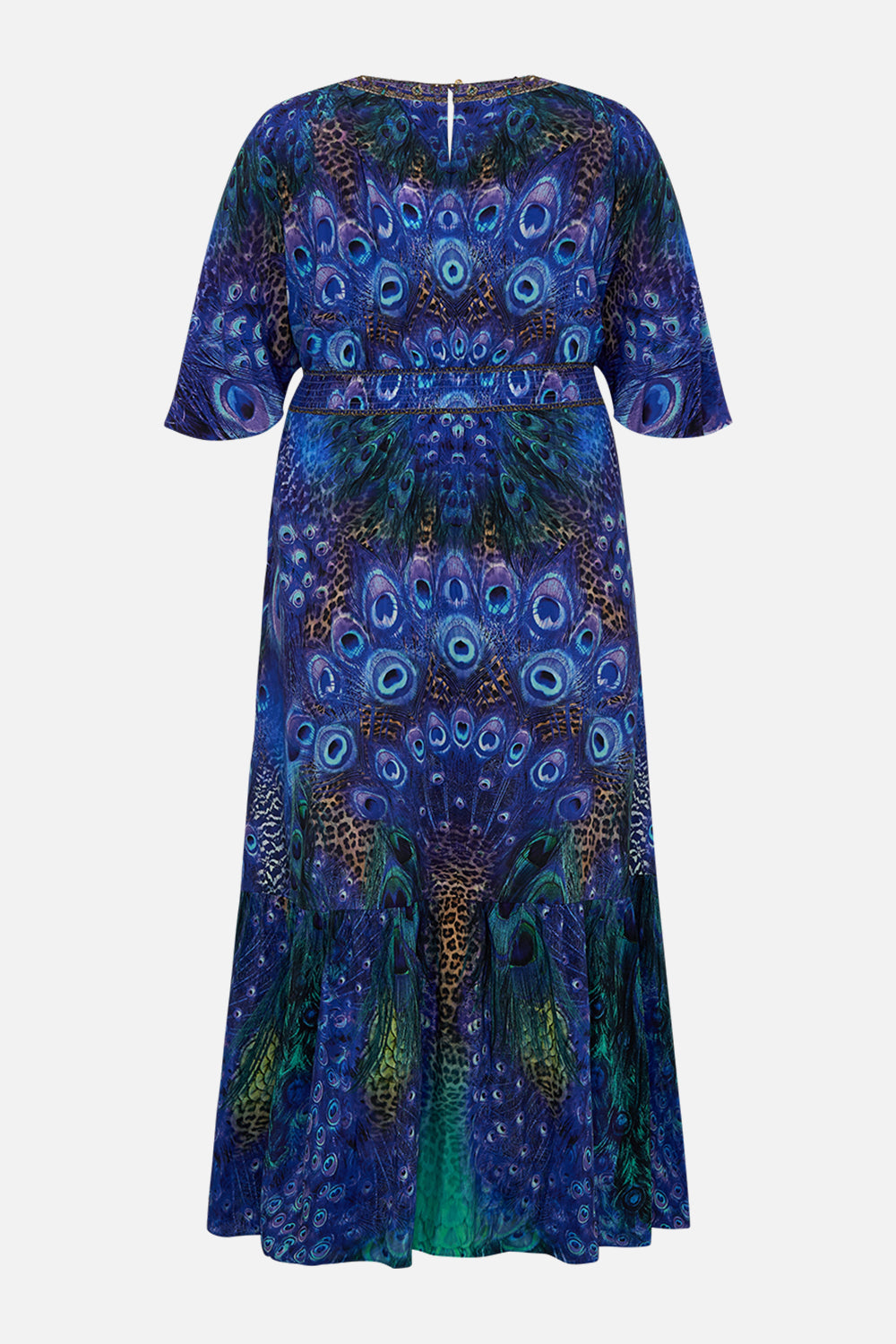 WAISTED DRESS WITH HEM RUFFLE PEACOCK ROCK