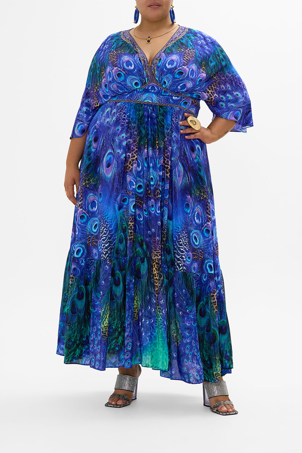 WAISTED DRESS WITH HEM RUFFLE PEACOCK ROCK