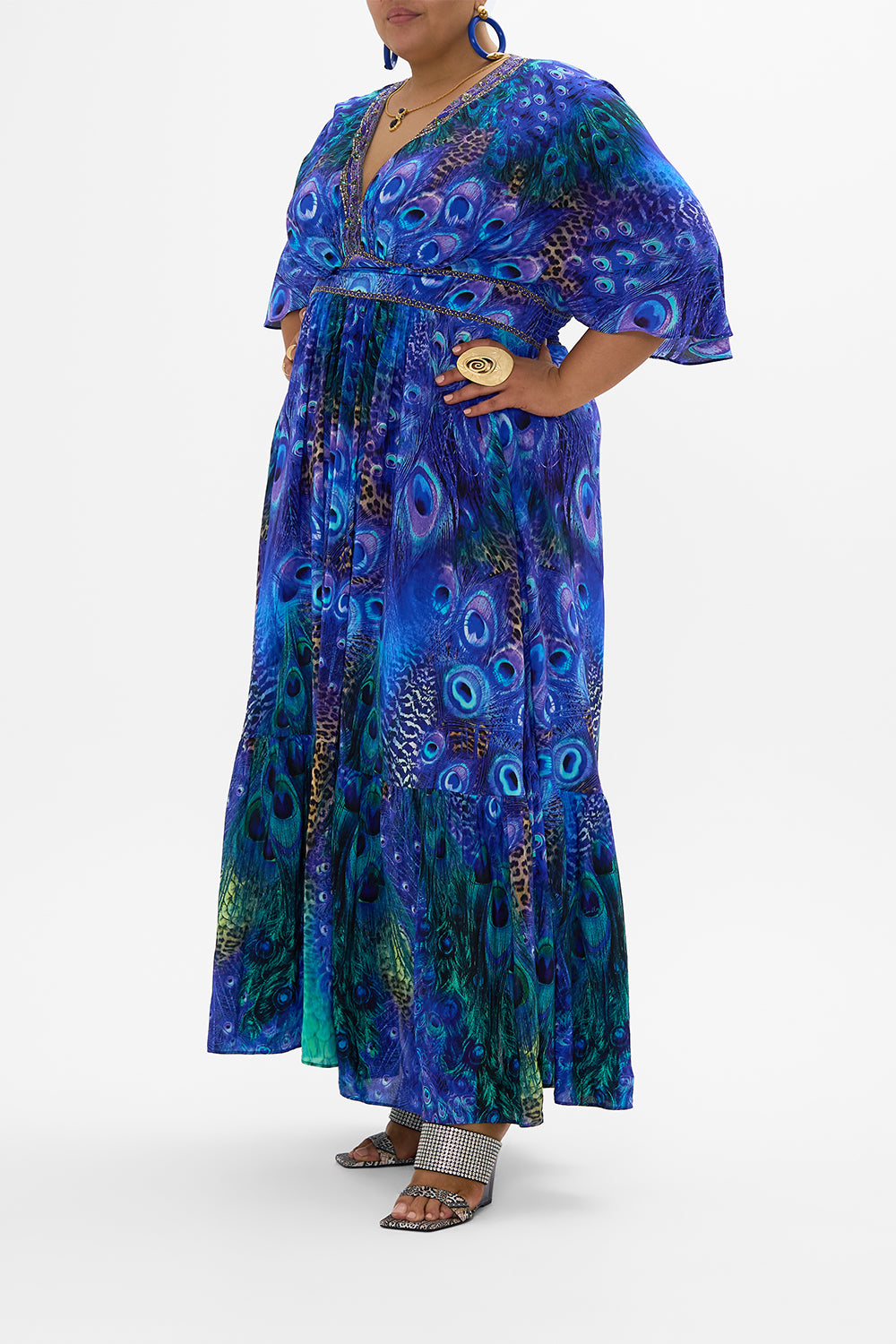 WAISTED DRESS WITH HEM RUFFLE PEACOCK ROCK