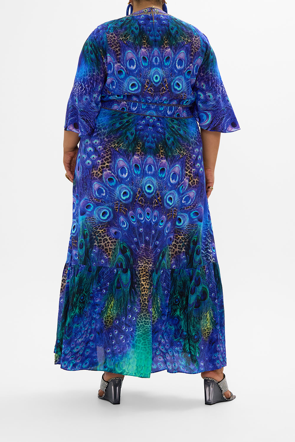 WAISTED DRESS WITH HEM RUFFLE PEACOCK ROCK