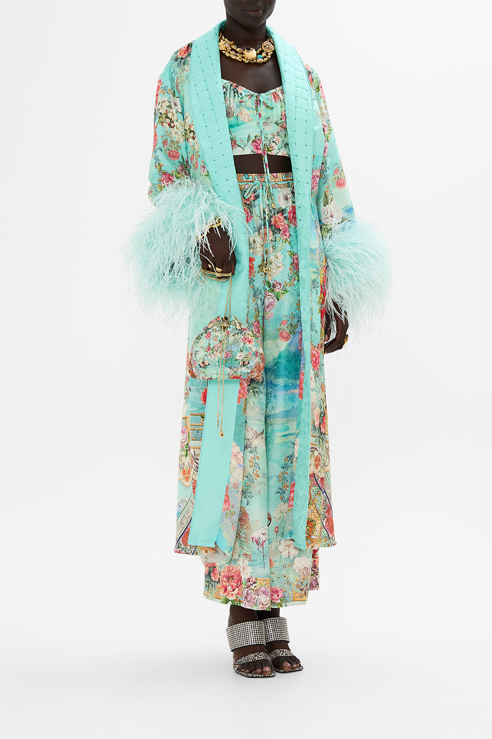 CAMILLA Drawstring pouch with chain strap in The jewellery museum print.