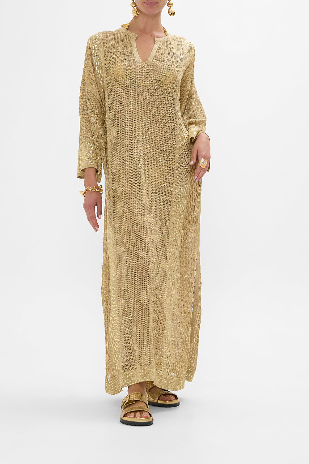CAMILLA Gold Long V-Neck Knit Kaftan in Valley of the Kings Print