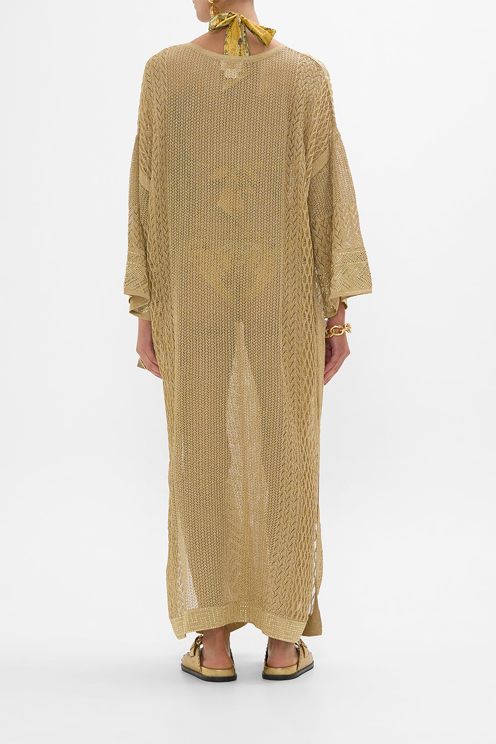 CAMILLA Gold Long V-Neck Knit Kaftan in Valley of the Kings Print
