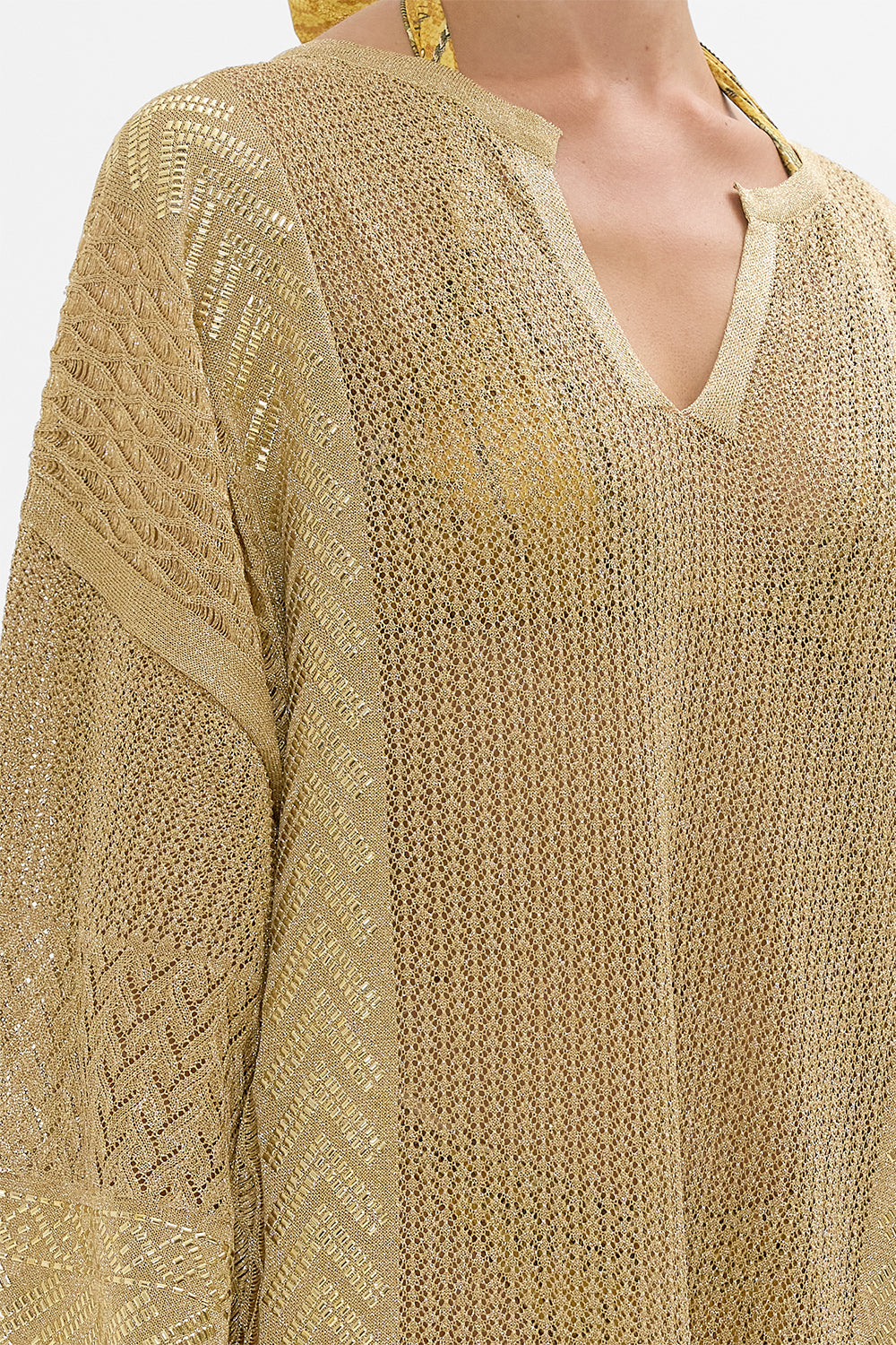 CAMILLA Gold Long V-Neck Knit Kaftan in Valley of the Kings Print