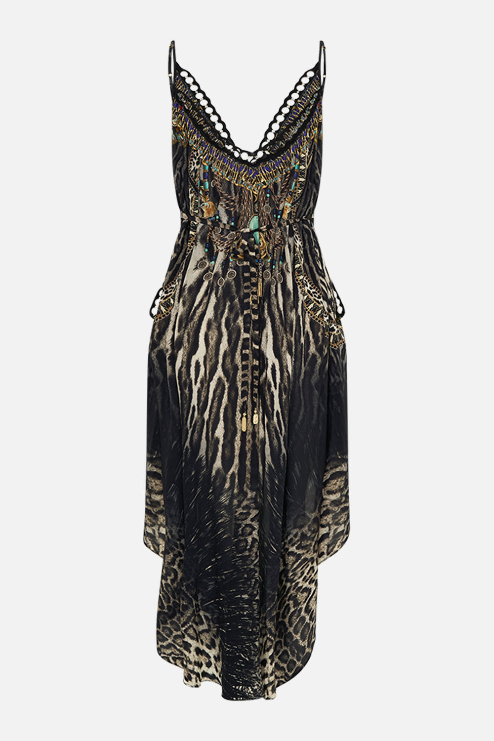 CAMILLA Strappy High Low Dress With Pockets in Cat Worship print.