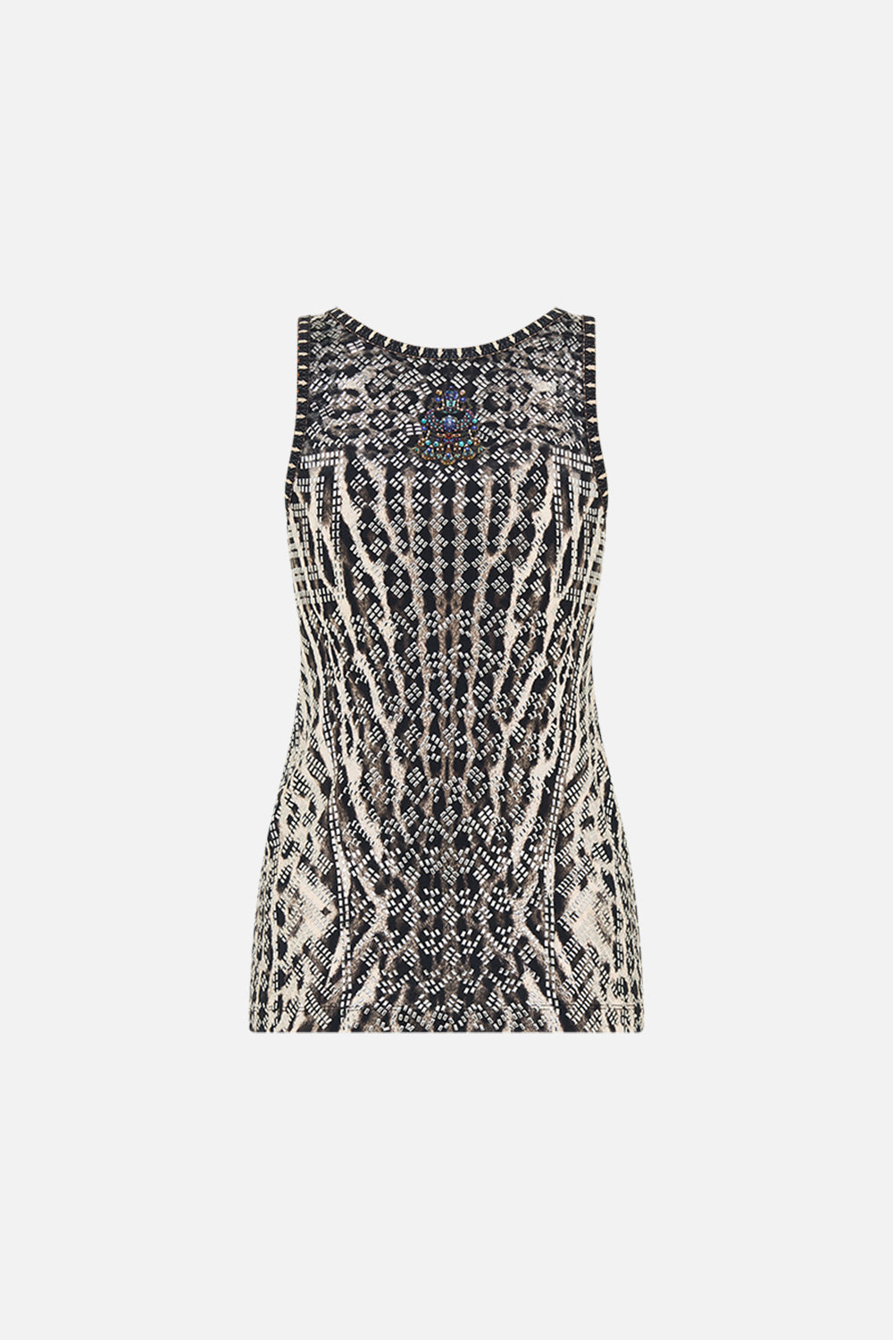 CAMILLA Jersey Scoop Neck Tank Top in Cartouche Kingdom print.