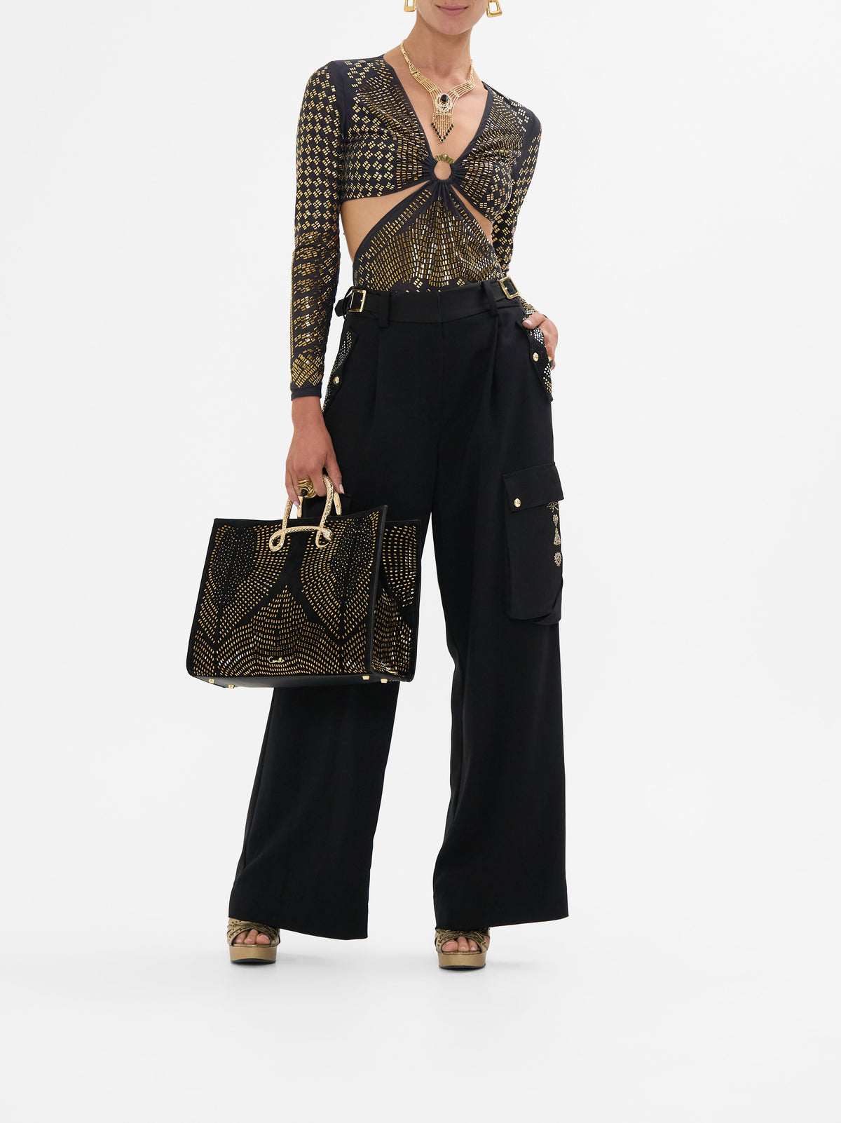 CAMILLA east west tote with snake in Solid Black print