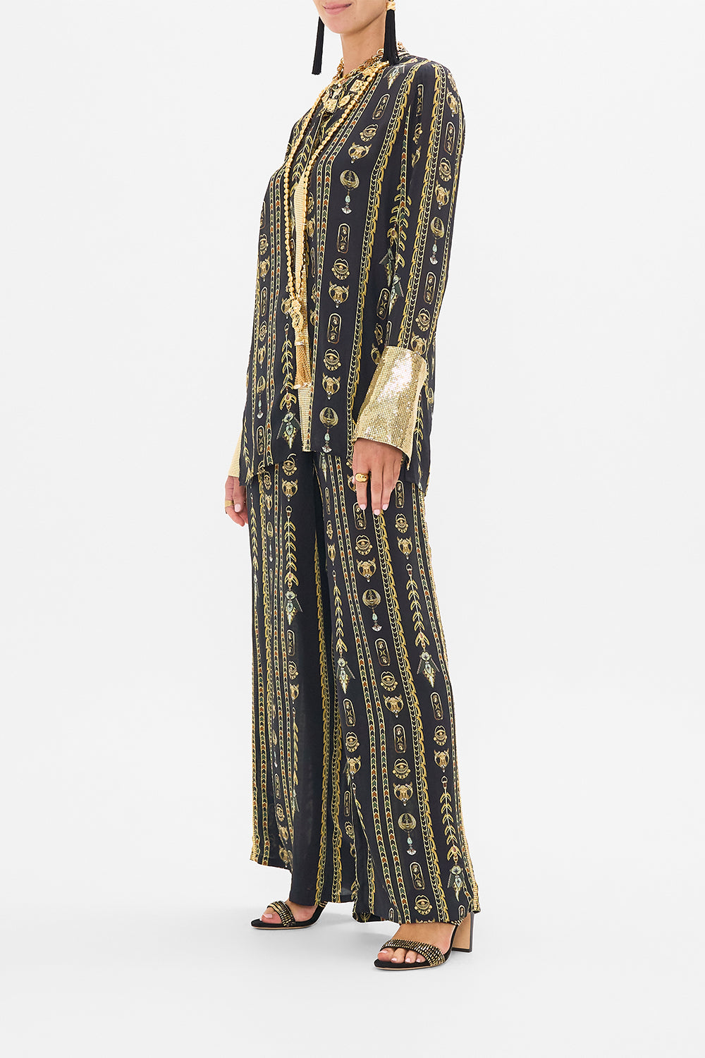 CAMILLA Black/Gold Shirt with Glomesh Placket and Cuffs in They Called Her Nefertari print