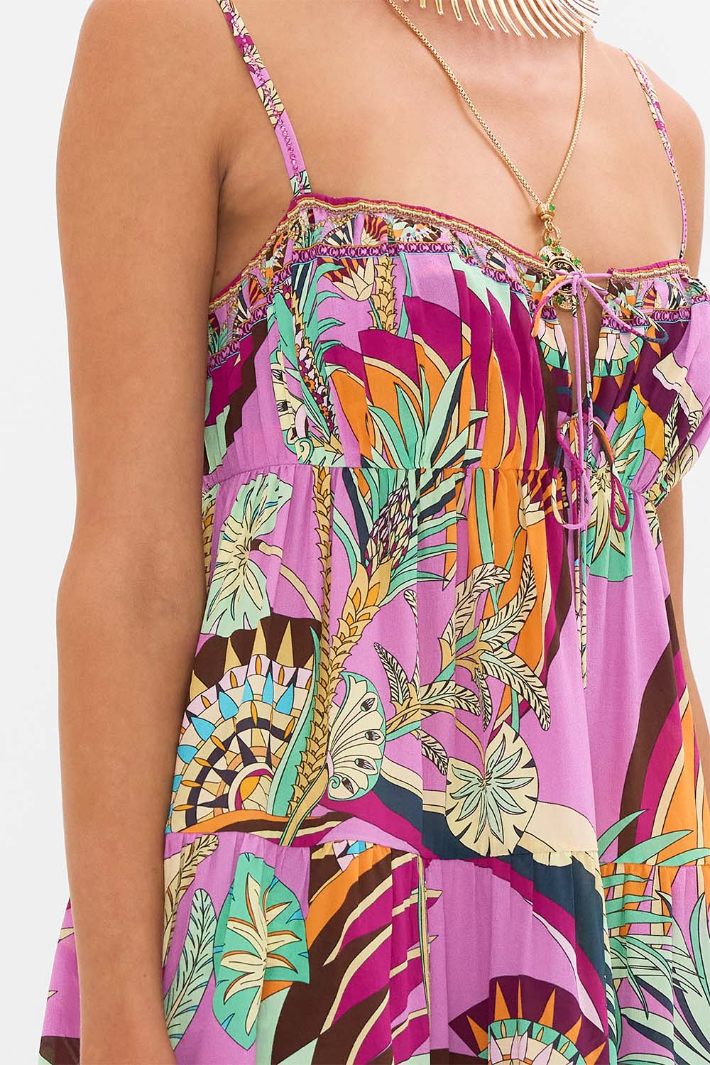 CAMILLA Gathered Bust Tiered Mini Dress in Giza Goddess print.