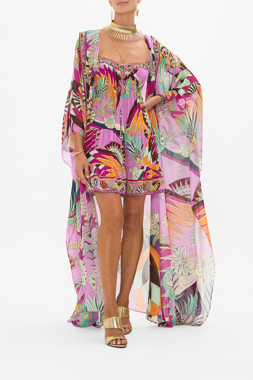 CAMILLA Gathered Bust Tiered Mini Dress in Giza Goddess print.