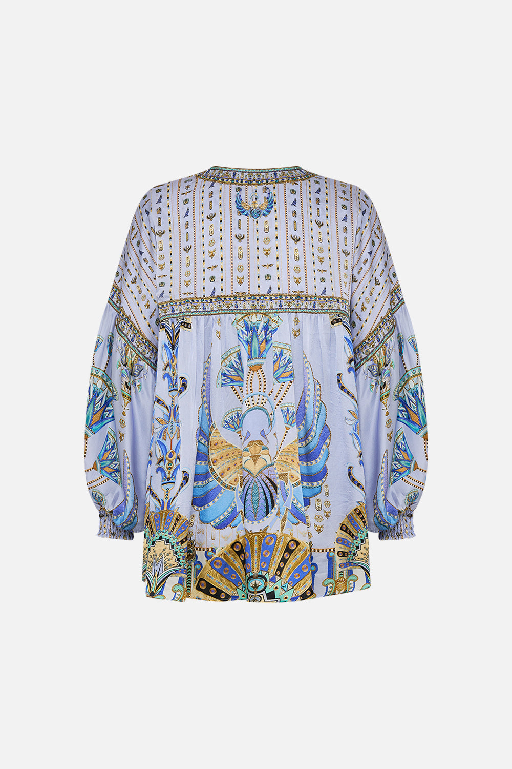 CAMILLA Lilac Blouson Blouse with Neck Tie in Under Scarab Skies print.