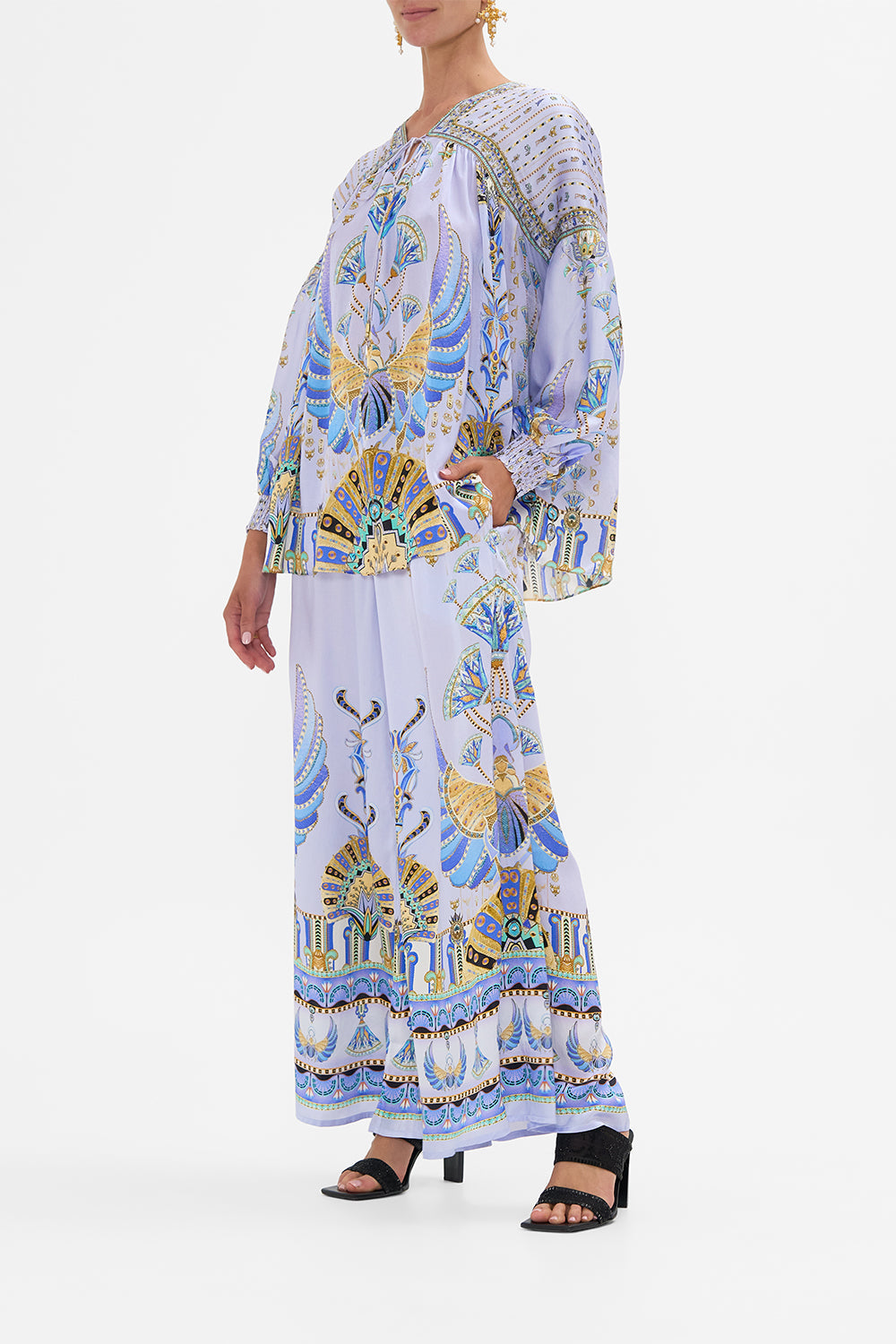 CAMILLA Lilac Blouson Blouse with Neck Tie in Under Scarab Skies print.