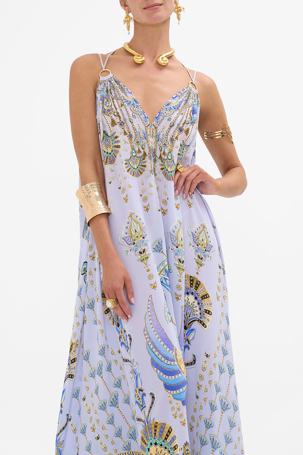 CAMILLA Lilac Ring Detail Strap Dress in Under Scarab Skies print