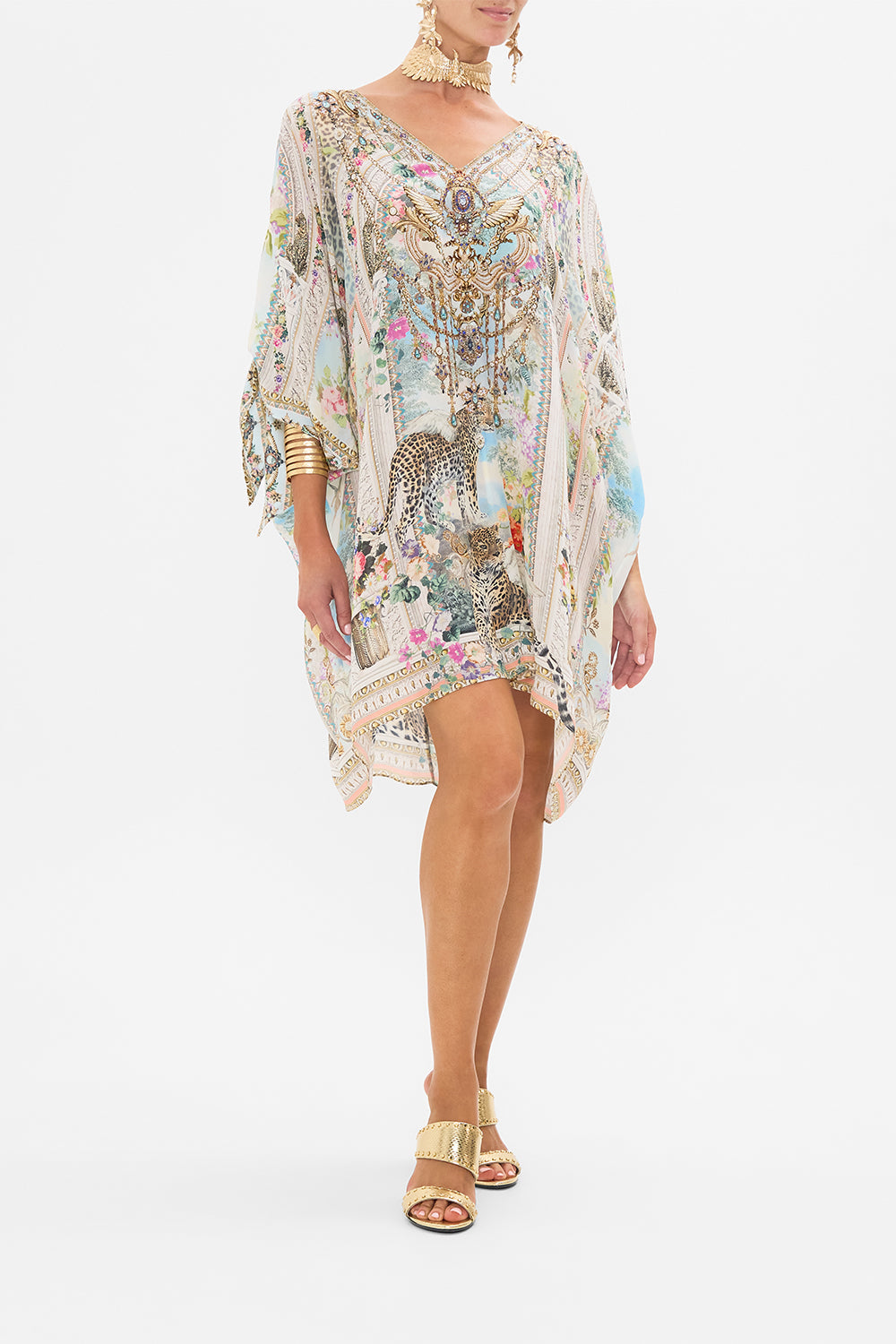 CAMILLA Tie Sleeve Short V Neck Kaftan in We Always Have Alexandria Print.