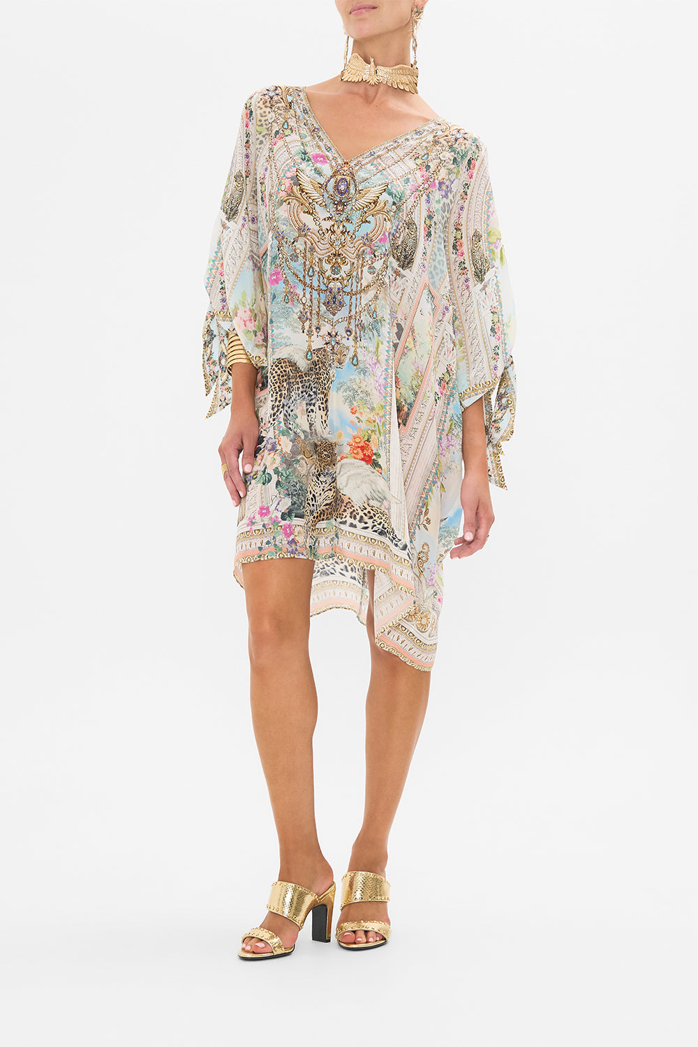 CAMILLA Tie Sleeve Short V Neck Kaftan in We Always Have Alexandria Print.