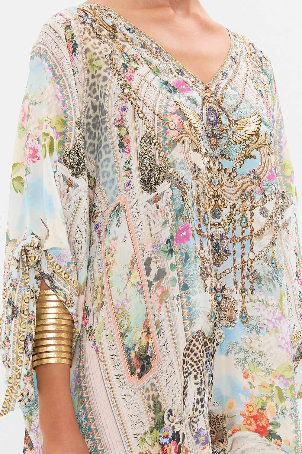 CAMILLA Tie Sleeve Short V Neck Kaftan in We Always Have Alexandria Print.