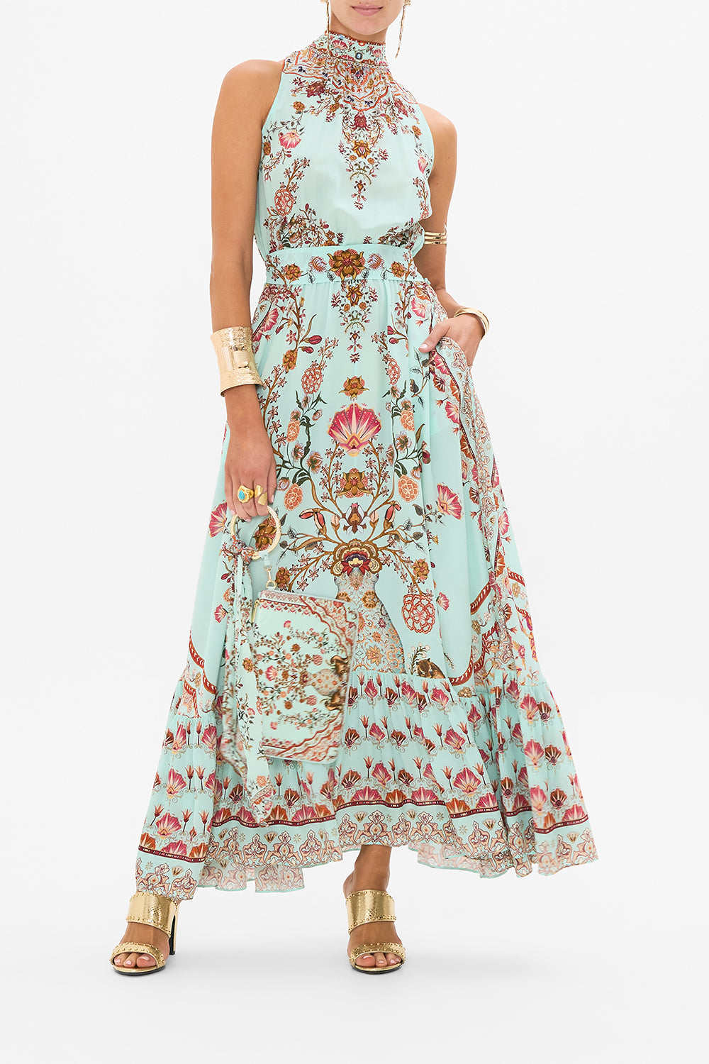 CAMILLA Necktie Dress with Elasticated Waist in Weaving Worlds print