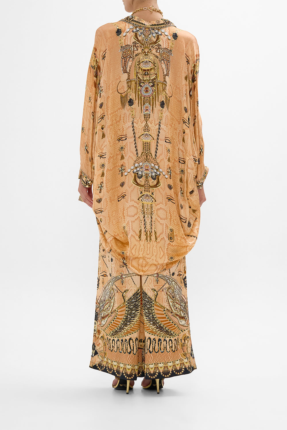 CAMILLA Gold Button Up Top with Draped Back in Kingdom of Hieroglyphs Print