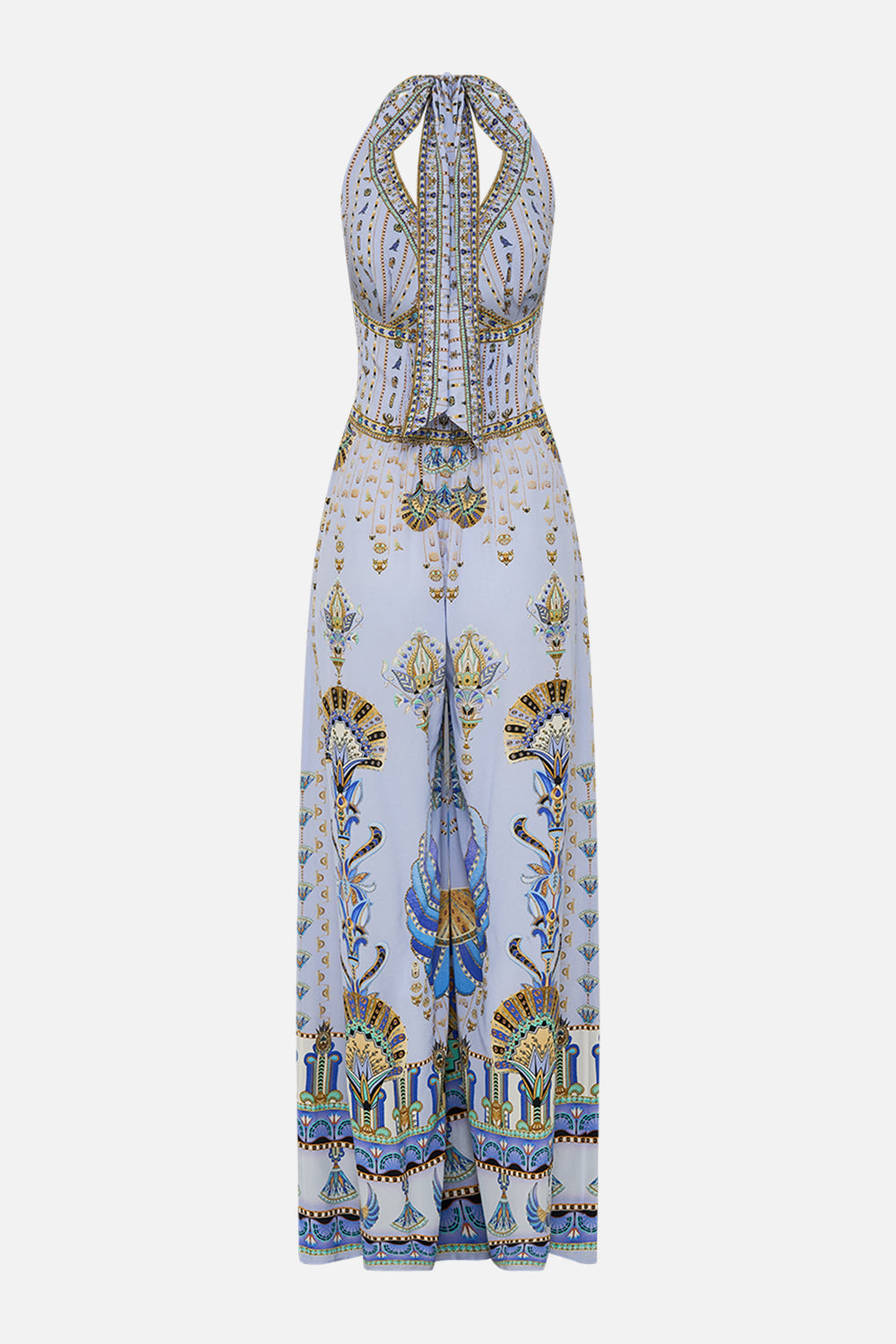 CAMILLA Lilac Halterneck Jumpsuit with Tie Neck in Under Scarab Skies print