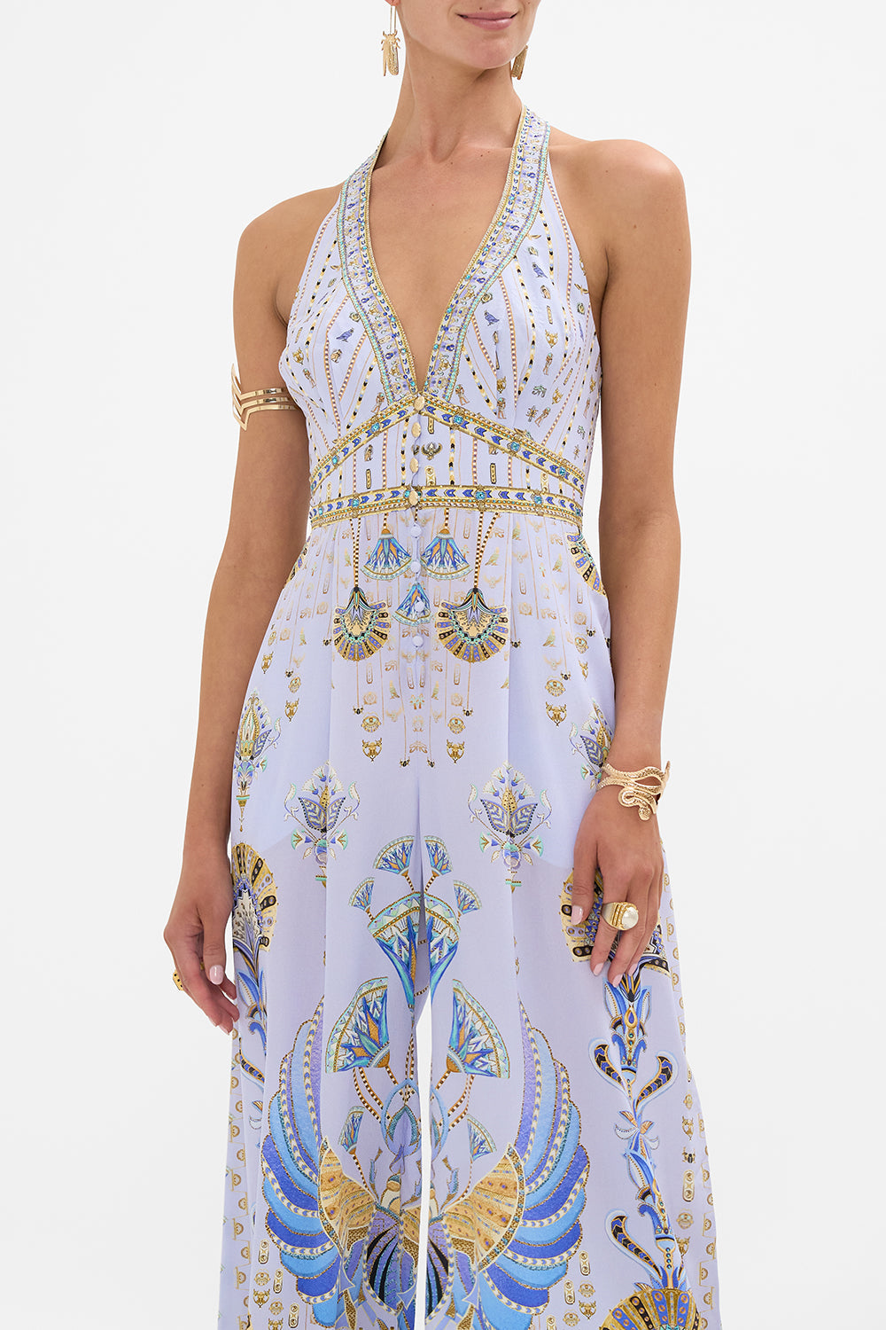 CAMILLA Lilac Halterneck Jumpsuit with Tie Neck in Under Scarab Skies print