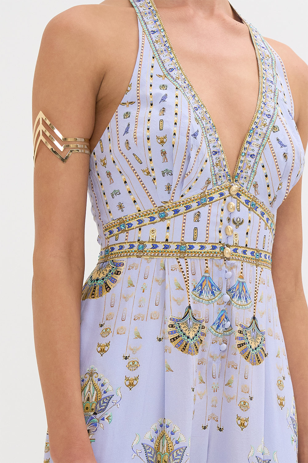 CAMILLA Lilac Halterneck Jumpsuit with Tie Neck in Under Scarab Skies print