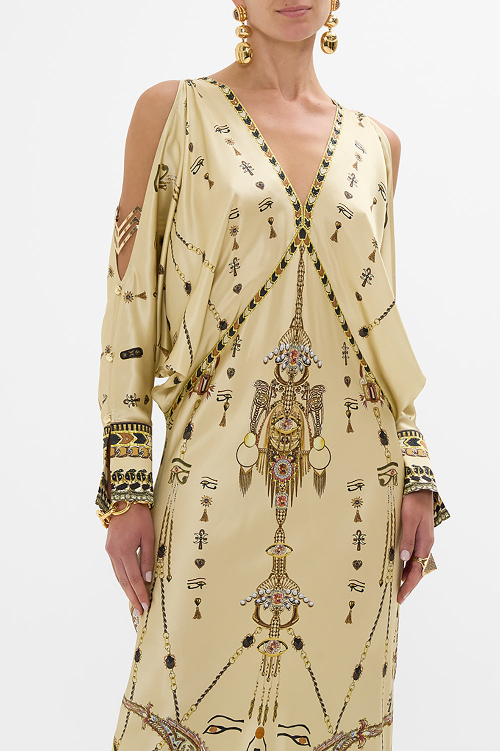 CAMILLA Gold Plunge Neck Draped Shoulder Dress in Gateway to the Afterlife Print