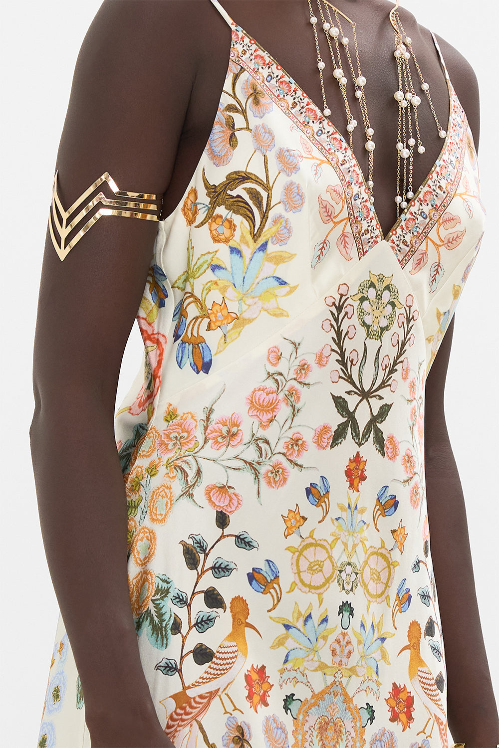 CAMILLA V Neck Long Bias Slip Dress with Train in Honour of Heirlooms print