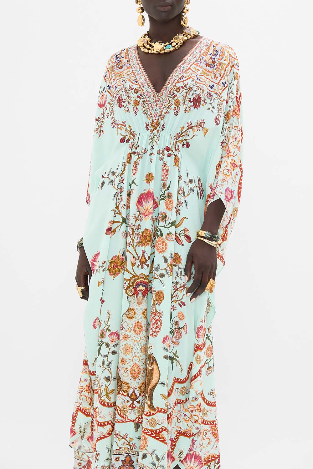 CAMILLA Gathered Waist Kaftan in Weaving Worlds print