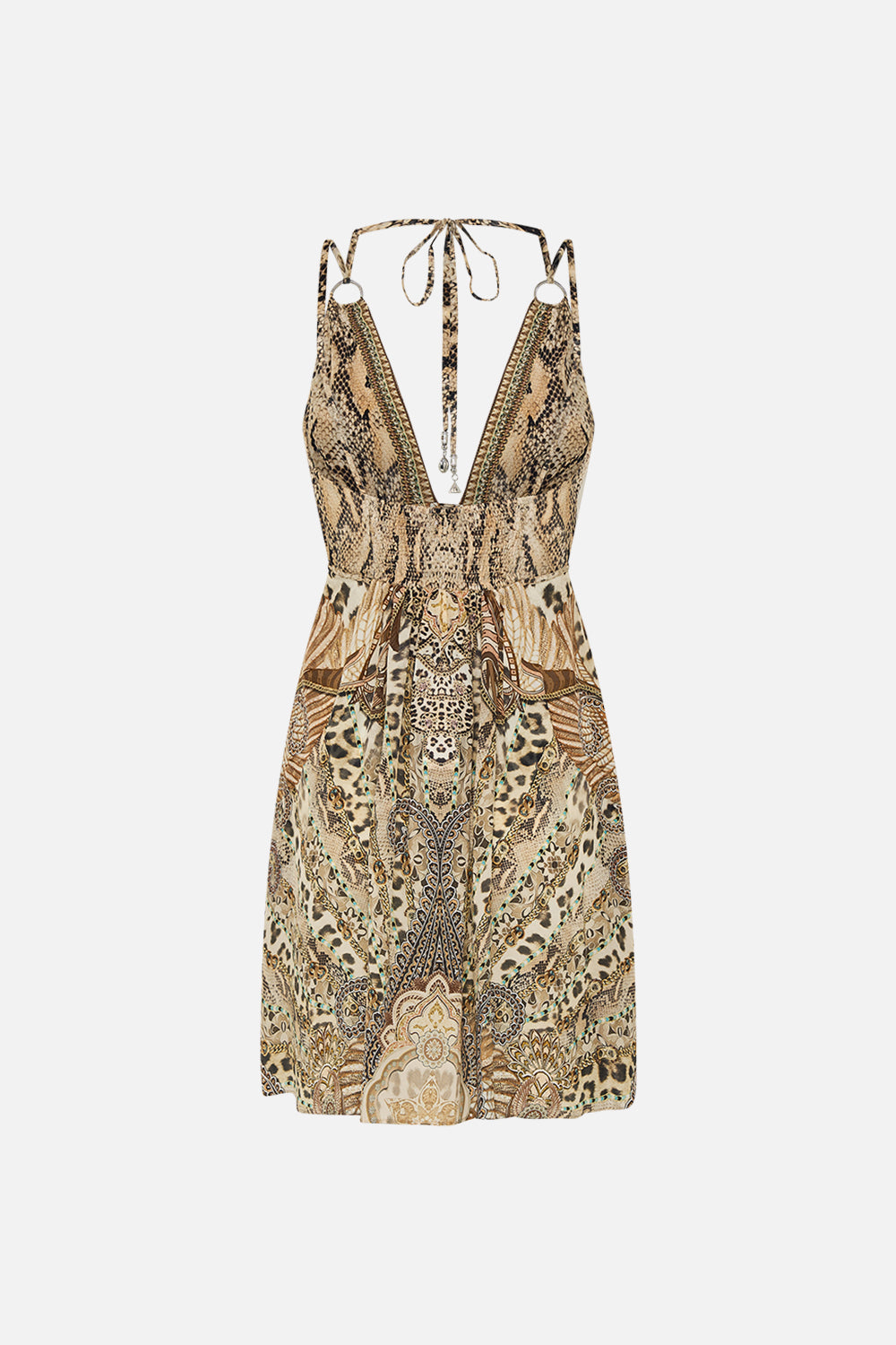 CAMILLA Short Flared Dress with Hardware in The Throne Room print