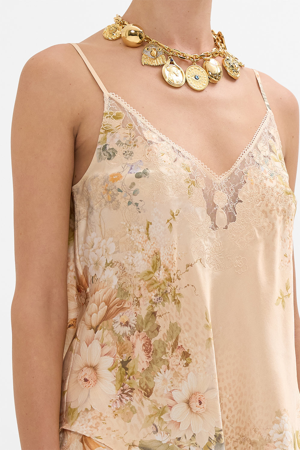CAMILLA v neck bias cami in Adorned in Antiquity print.