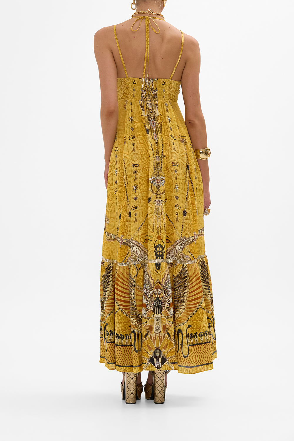 CAMILLA Gold Tiered Dress with Hardware in Valley of the Kings Print