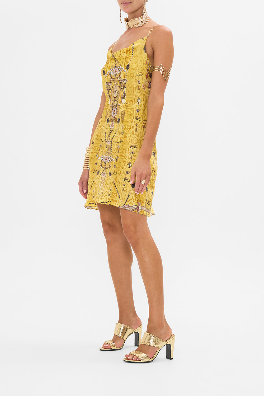CAMILLA Gold Short Bias Slip Dress with Low Back in Valley of the Kings Print