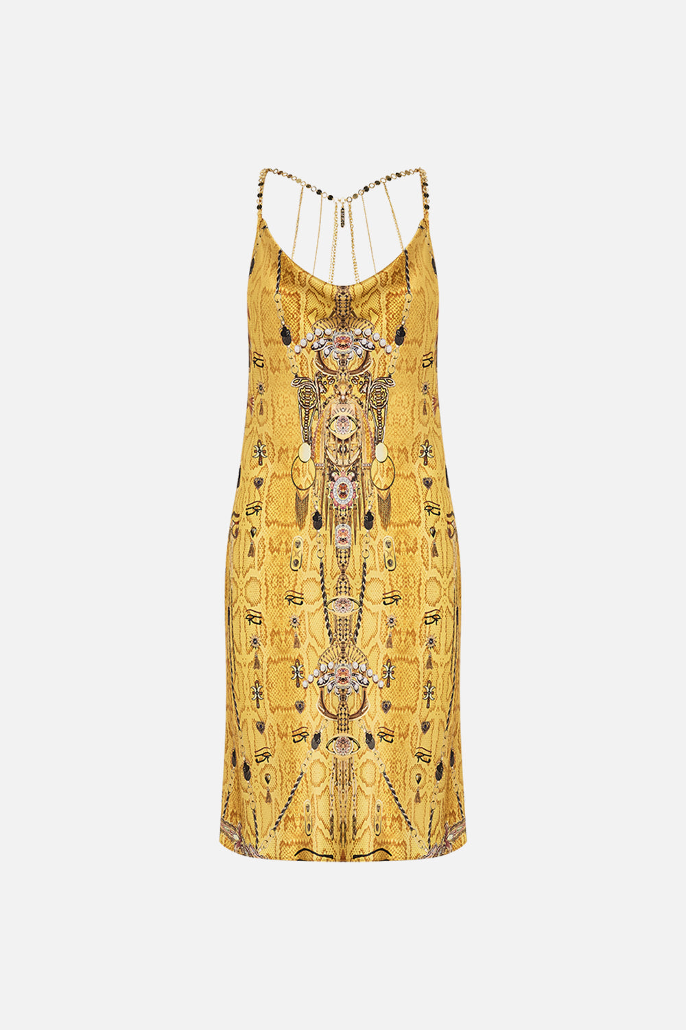 CAMILLA Gold Short Bias Slip Dress with Low Back in Valley of the Kings Print