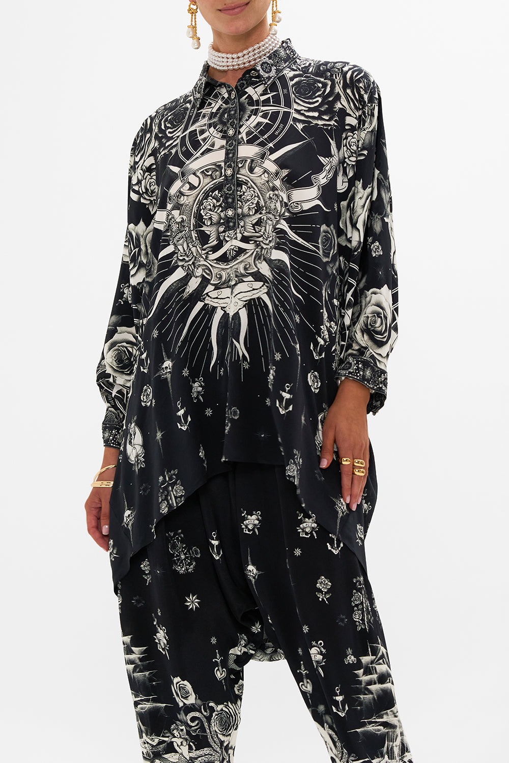 BUTTON UP TOP WITH DRAPED BACK TALES OF TATTOO