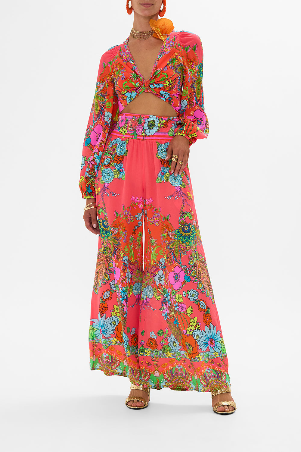 CAMILLA pink shirred waist pant in Windmills And Wildflowers print.