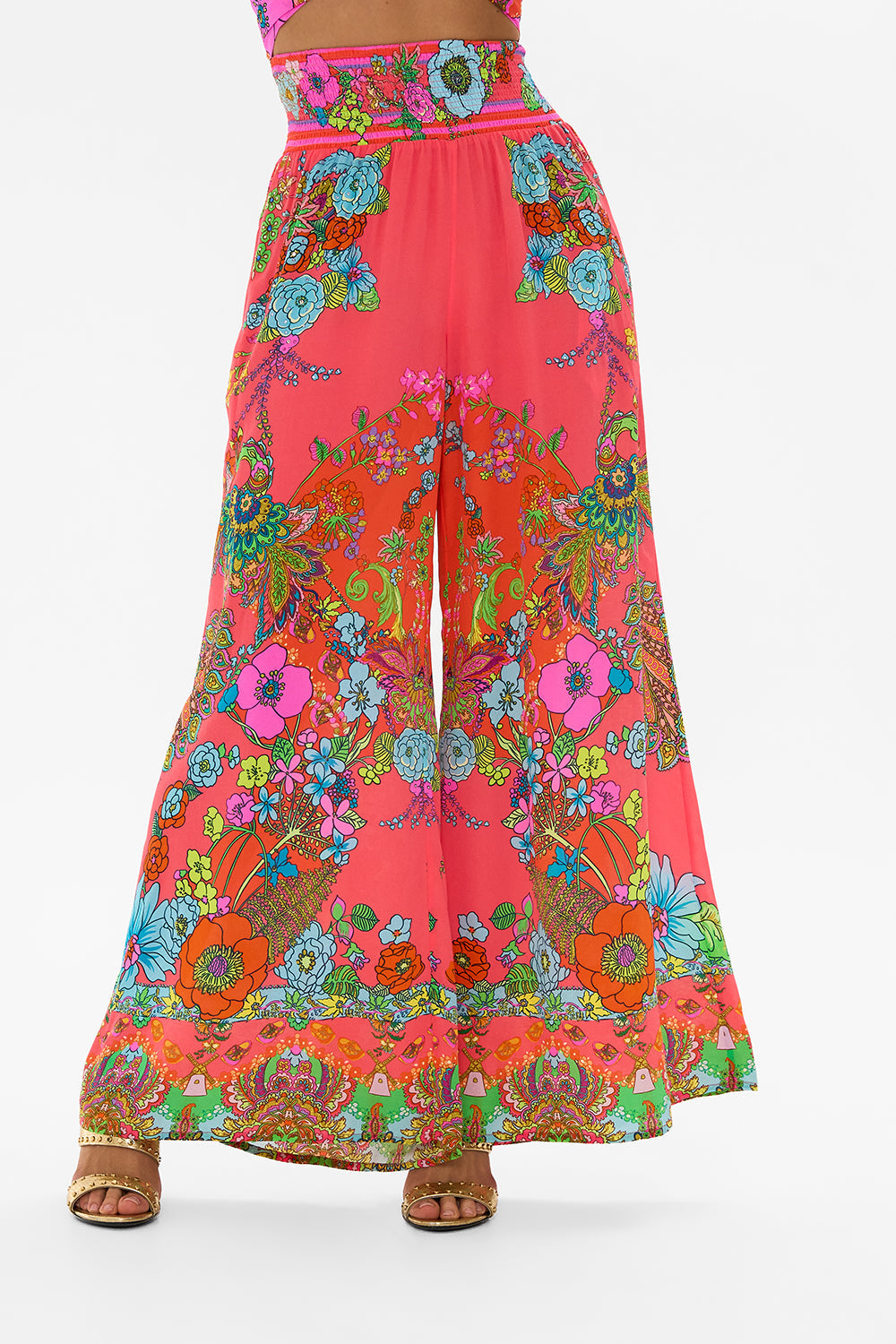 CAMILLA pink shirred waist pant in Windmills And Wildflowers print.