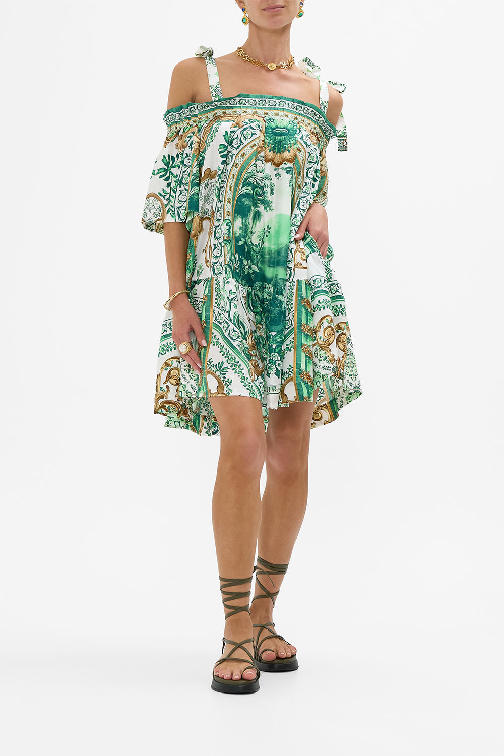 CAMILLA Off Shoulder Frill Dress With Straps in Corridor Of Calm print