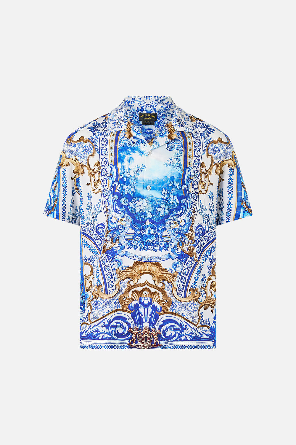 CAMILLA Short Sleeve Camp Collared Shirt in Azul Adventures print