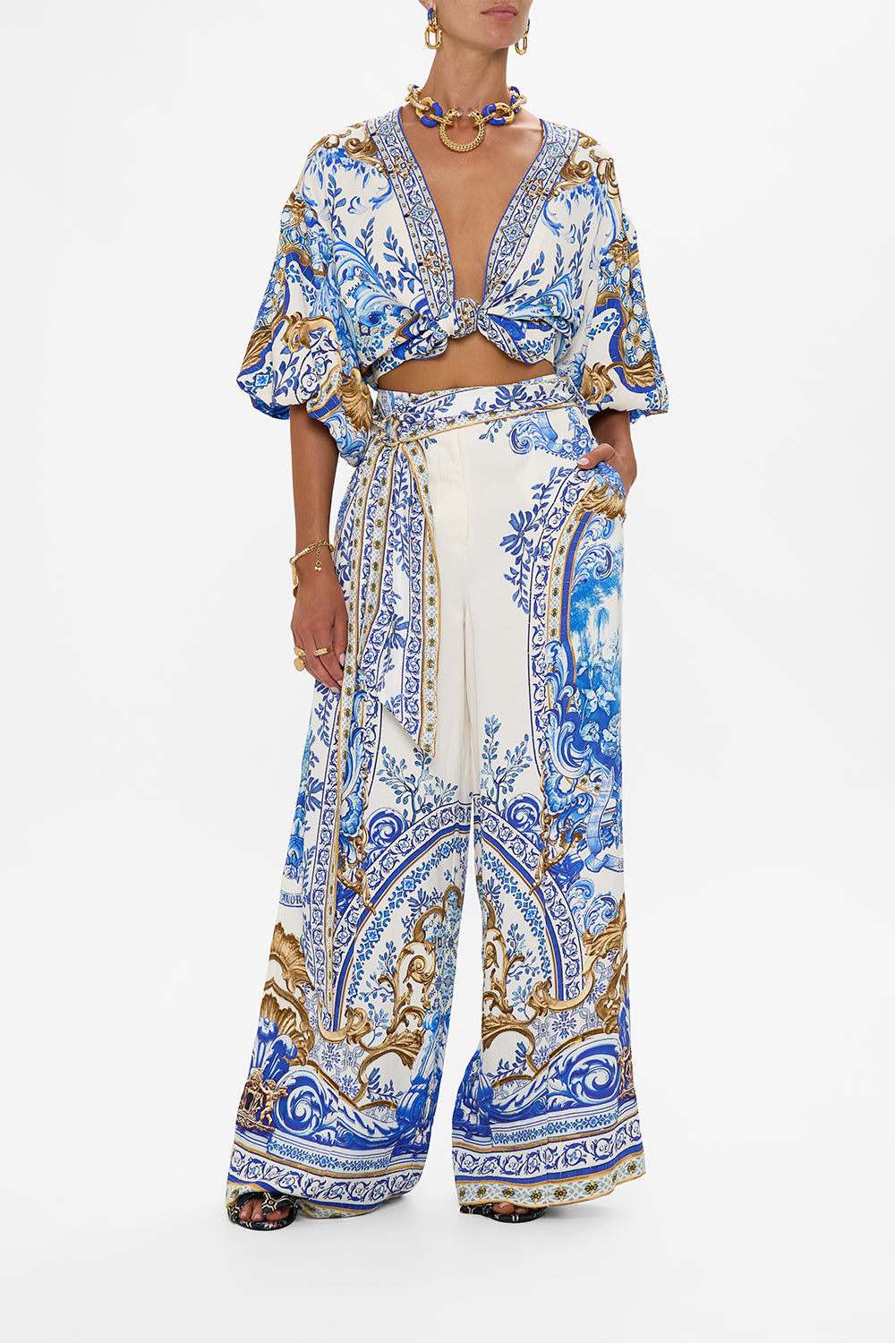 CAMILLA Scarf Belt Wide Leg Pant in Azul Adventures print