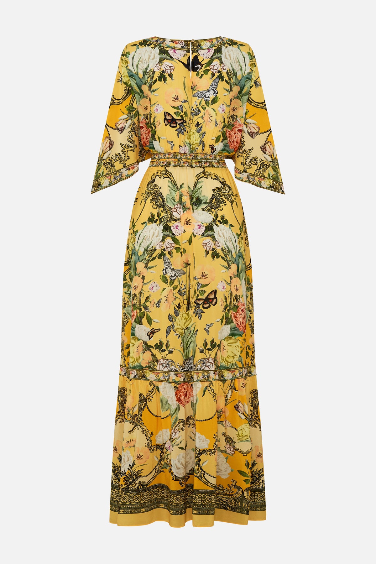 CAMILLA yellow waisted dress with hem ruffle in Paths Of Gold print.